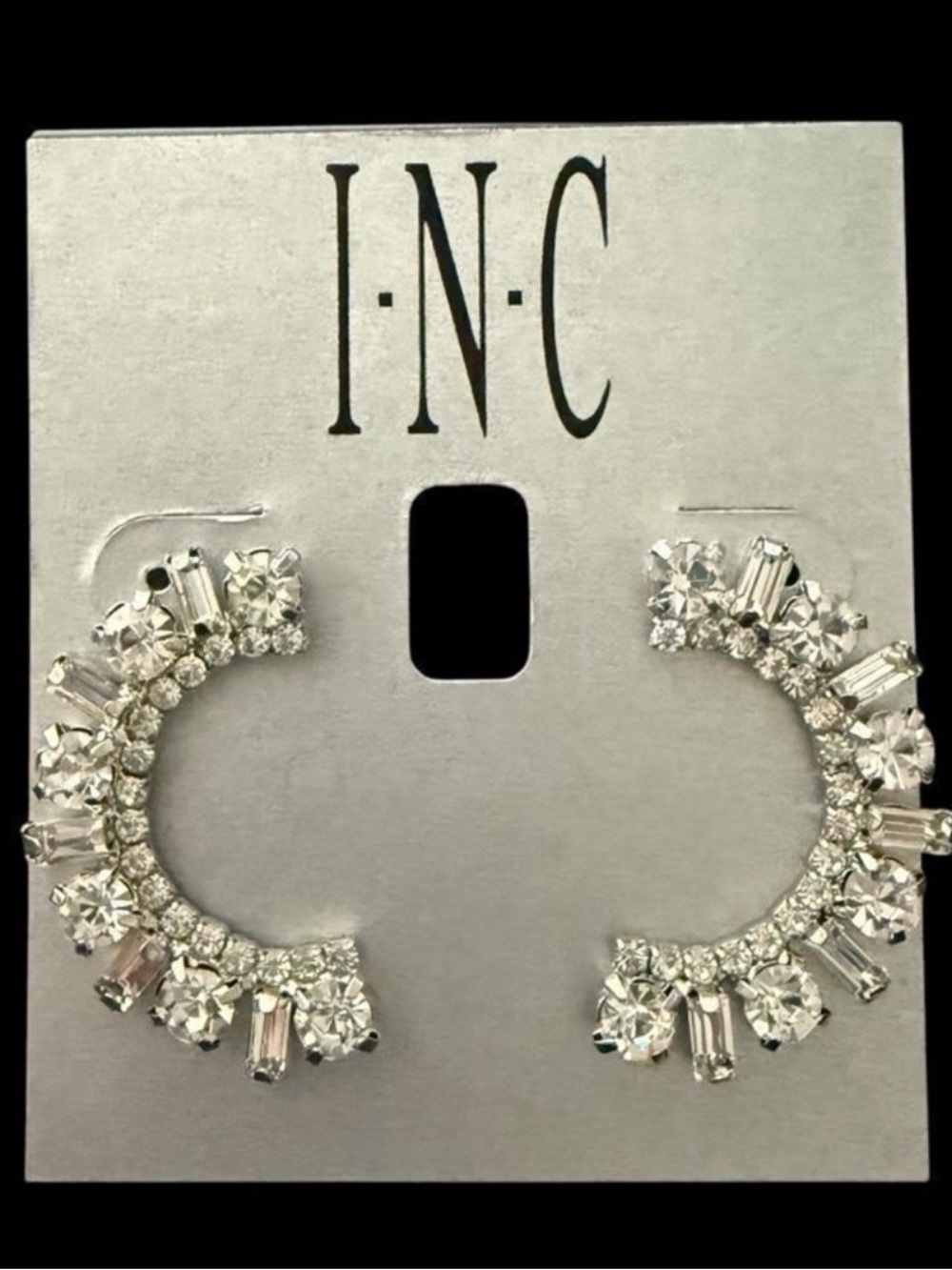 NWT INC Silver Crystal Baguette Crescent Cluster Stud Earrings
